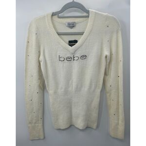 NWT Bebe Swarovski Crystal Sweater Off White Logo Size M V-Neck